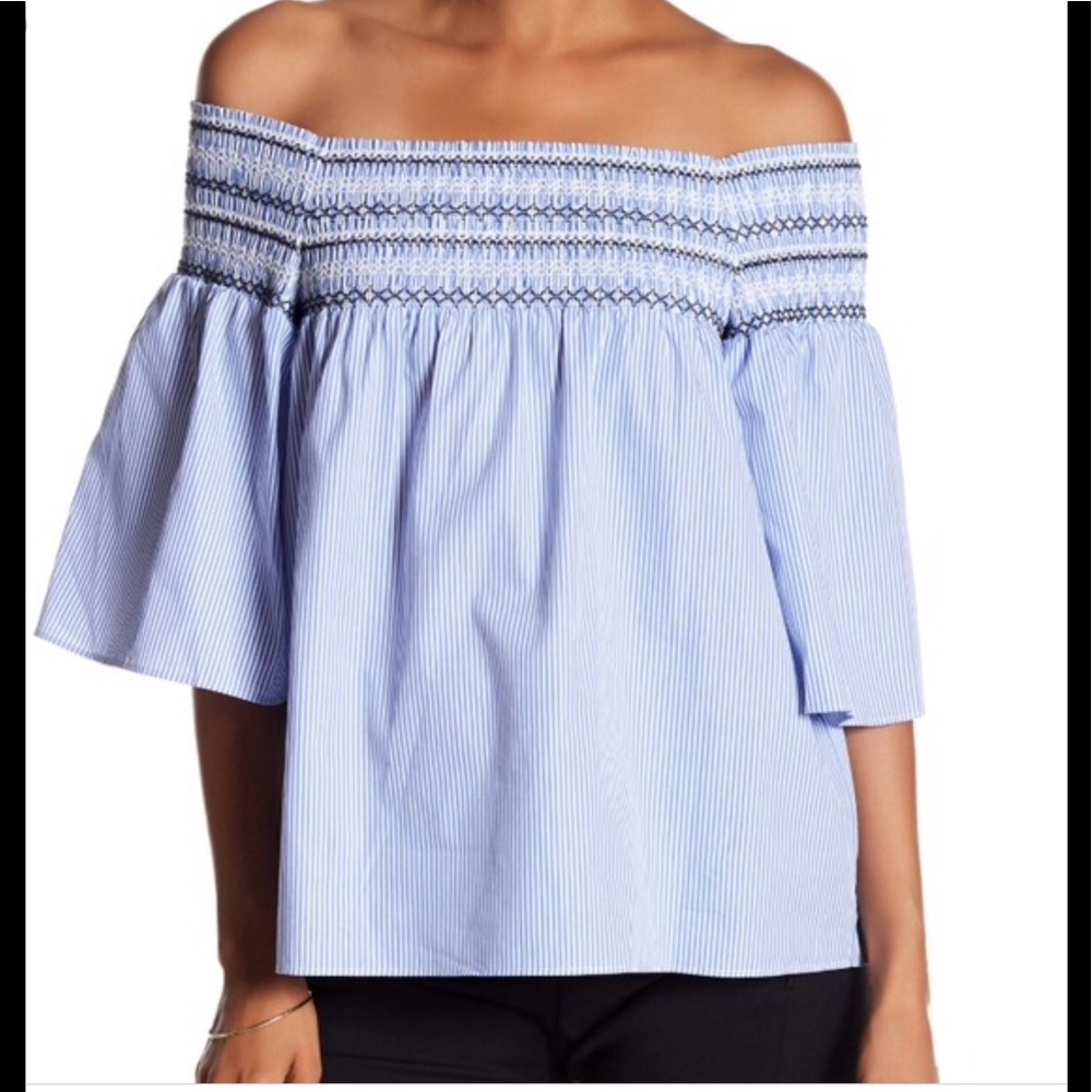 Parker Off The Shoulder Pin Striped Smocked Top XS